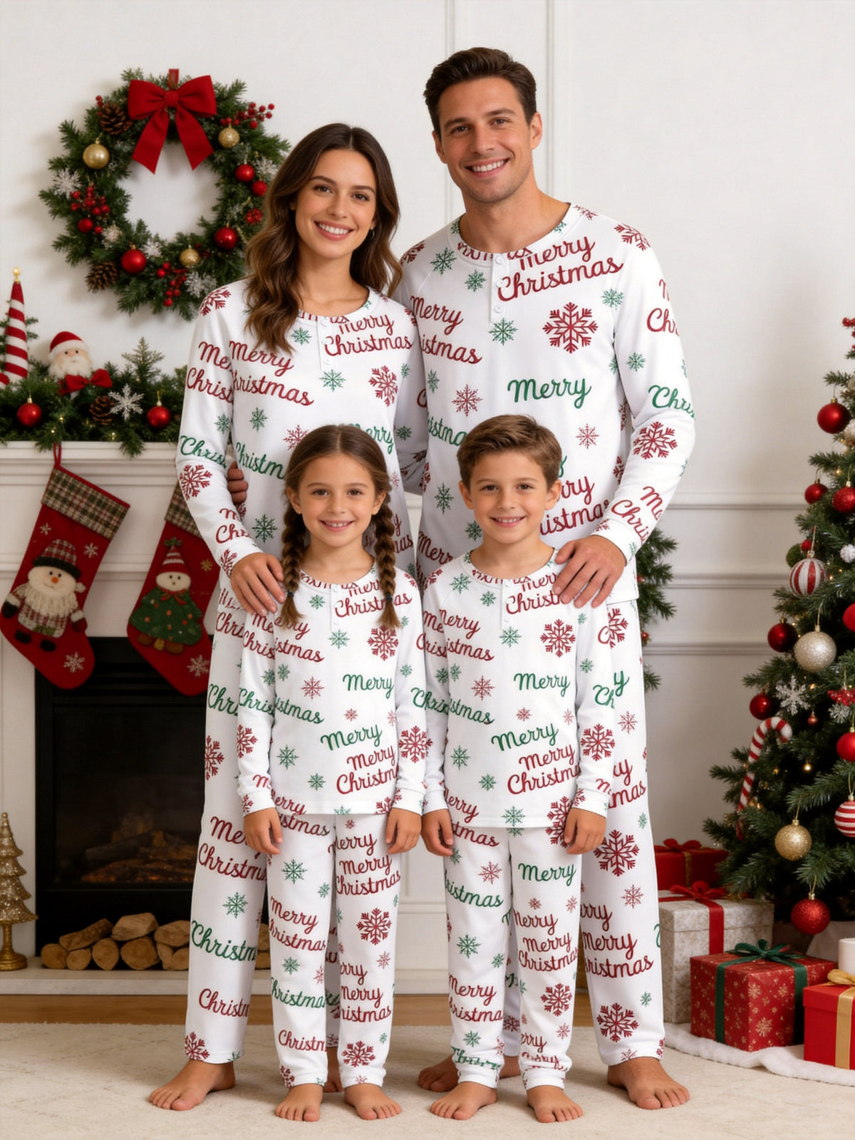 Merry Christmas Snowflake Letter Print 3-Button Henley Family Matching Holiday Pyjamas