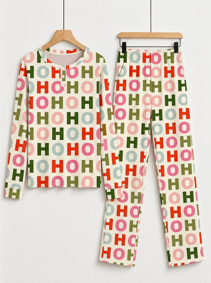 Colorful Letter HO HO HO Print 3-Button Henley Neck Matching Couple Christmas Pajamas
