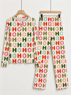 Colorful Letter HO HO HO Print 3-Button Henley Neck Matching Family Christmas Pajamas