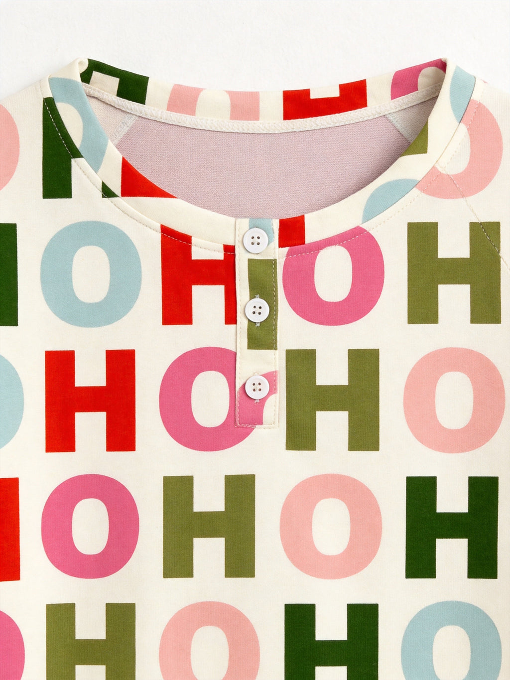 Colorful Letter HO HO HO Print 3-Button Henley Neck Matching Couple Christmas Pajamas