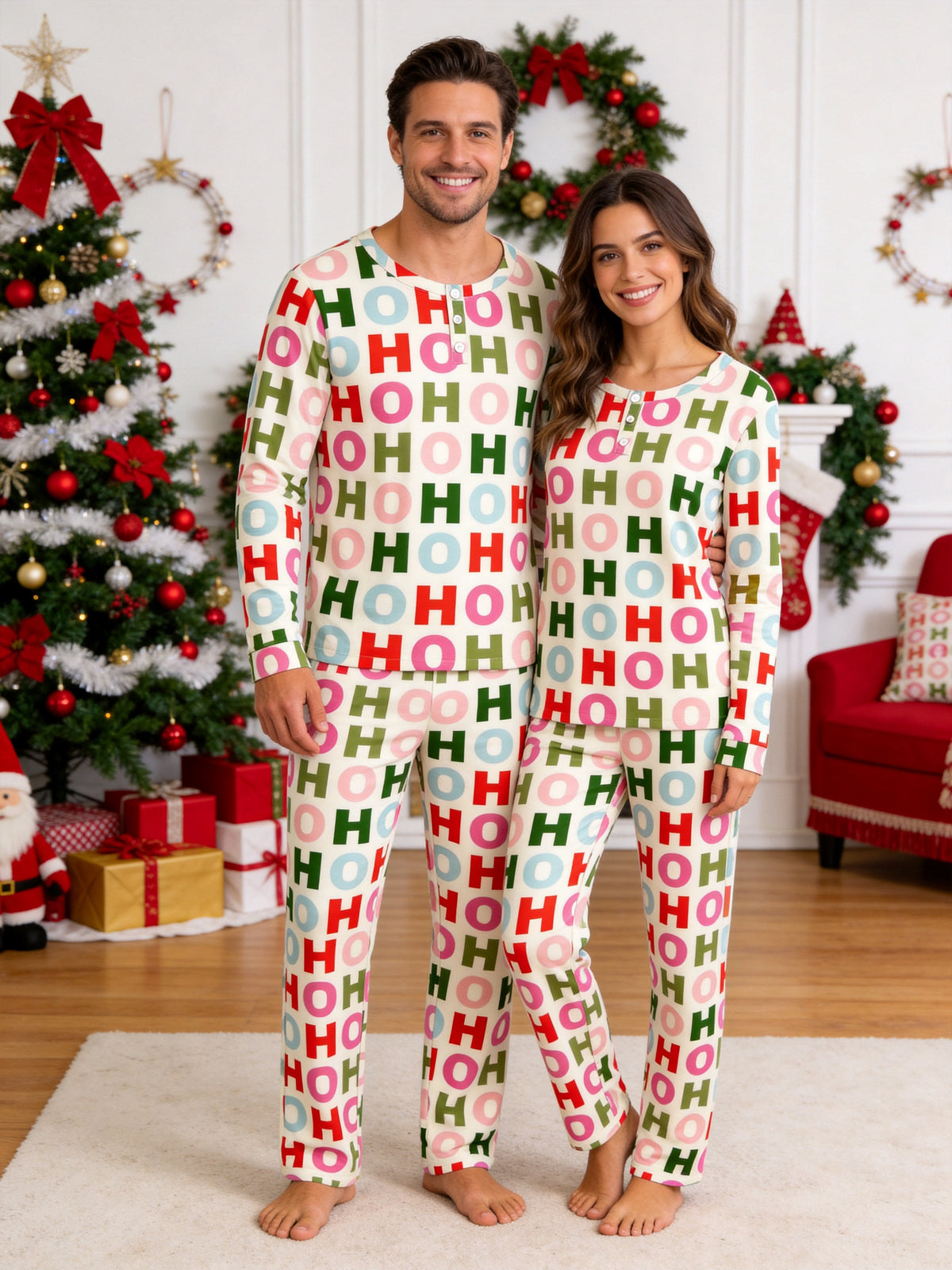 Colorful Letter HO HO HO Print 3-Button Henley Neck Matching Couple Christmas Pajamas