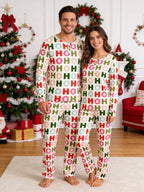 Colorful Letter HO HO HO Print 3-Button Henley Neck Matching Family Christmas Pajamas