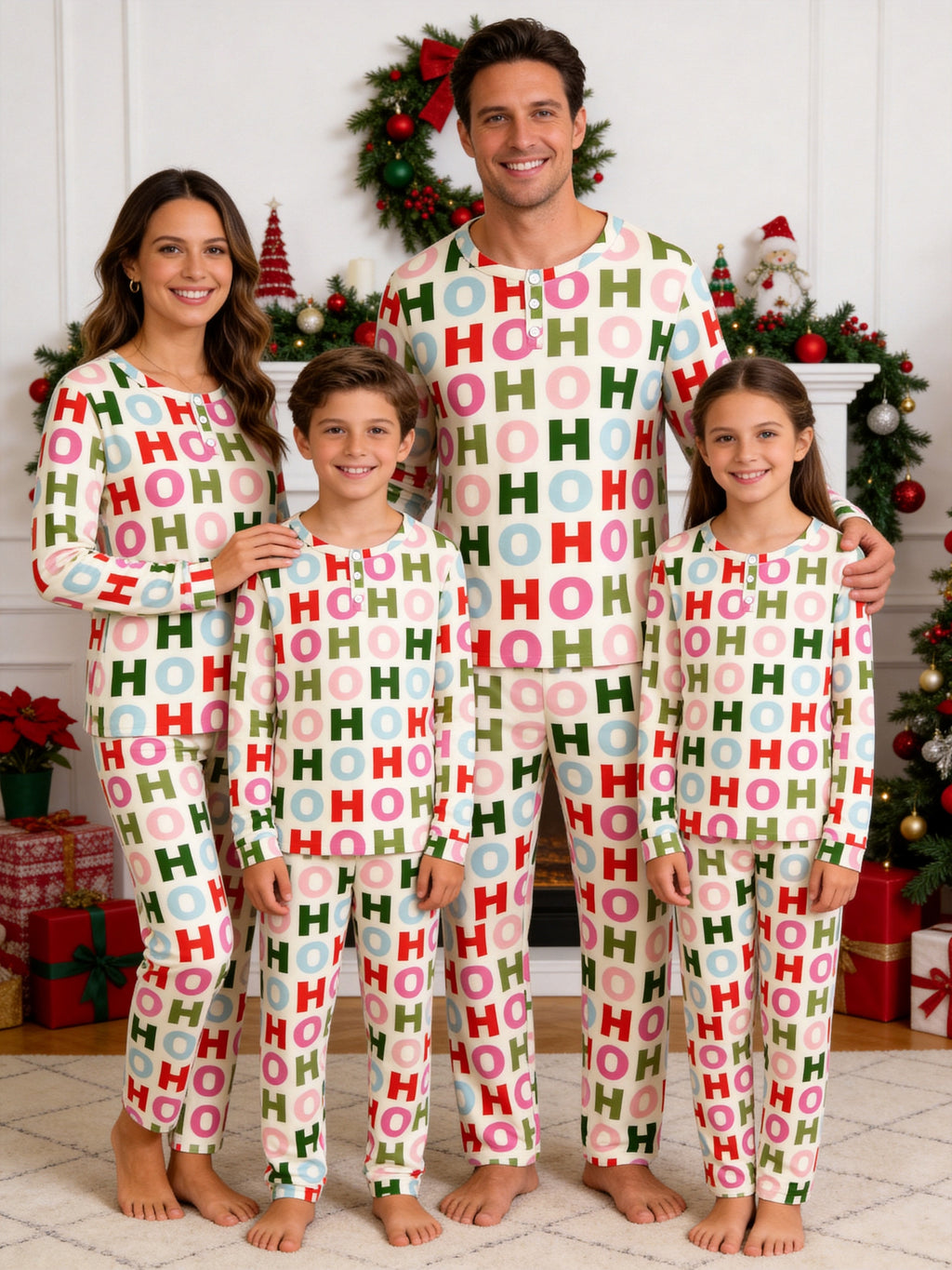 Colorful Letter HO HO HO Print 3-Button Henley Neck Matching Couple Christmas Pajamas