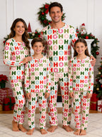 Colorful Letter HO HO HO Print 3-Button Henley Neck Matching Couple Christmas Pajamas
