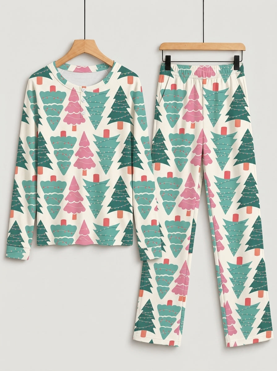 Pastel Pink and Green Christmas Tree Print 3-Button Henley Couple Matching Pyjamas