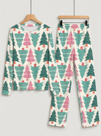 Pastel Pink and Green Christmas Tree Print 3-Button Henley Couple Matching Pyjamas