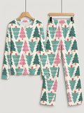 Pastel Pink and Green Christmas Tree Print 3-Button Henley Family Matching Pyjamas