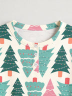 Pastel Pink and Green Christmas Tree Print 3-Button Henley Couple Matching Pyjamas