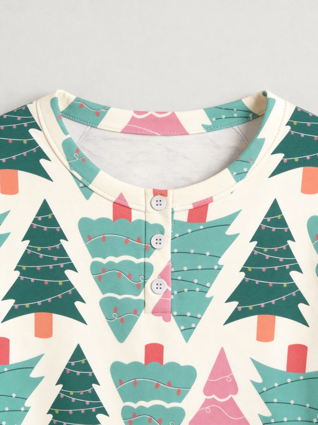 Pastel Pink and Green Christmas Tree Print 3-Button Henley Family Matching Pyjamas