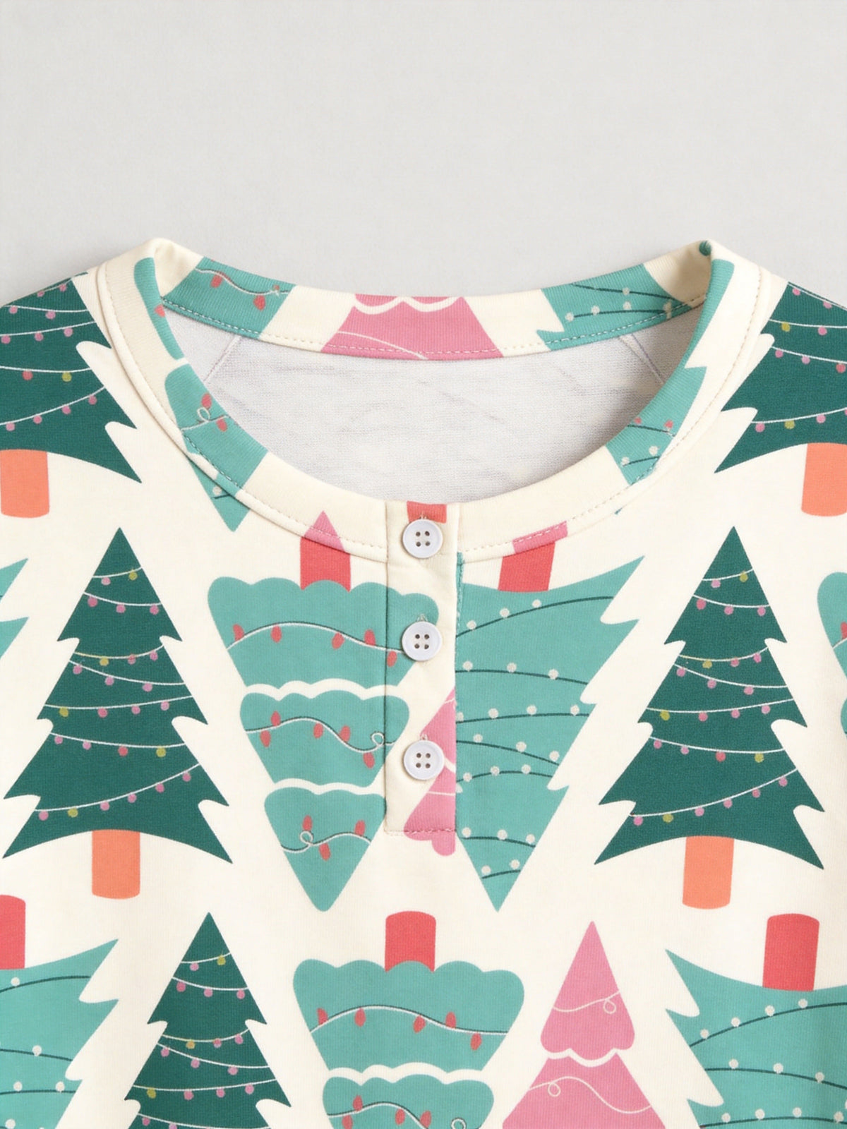 Pastel Pink and Green Christmas Tree Print 3-Button Henley Family Matching Pyjamas