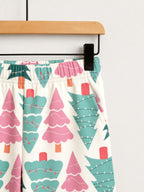 Pastel Pink and Green Christmas Tree Print 3-Button Henley Couple Matching Pyjamas