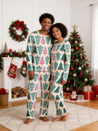 Pastel Pink and Green Christmas Tree Print 3-Button Henley Family Matching Pyjamas