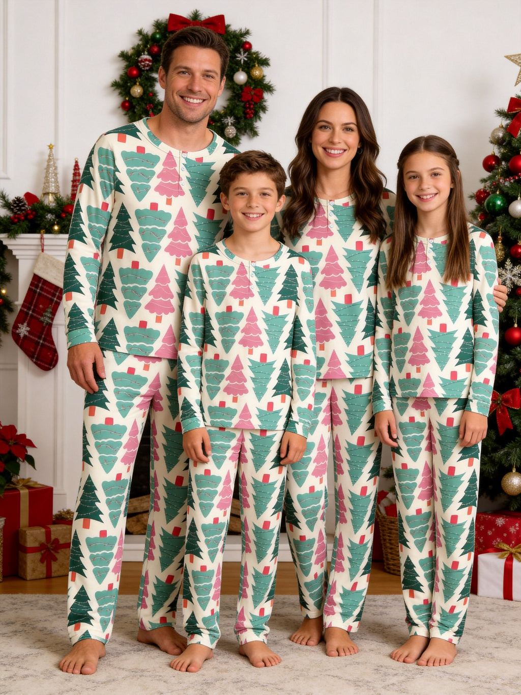 Pastel Pink and Green Christmas Tree Print 3-Button Henley Couple Matching Pyjamas
