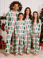Pastel Pink and Green Christmas Tree Print 3-Button Henley Couple Matching Pyjamas