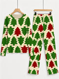 Red and Green Retro Geometric Christmas Tree Print 3-Button Henley Couple Sleepwear Set