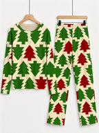 Red and Green Retro Geometric Christmas Tree Print 3-Button Henley Couple Sleepwear Set