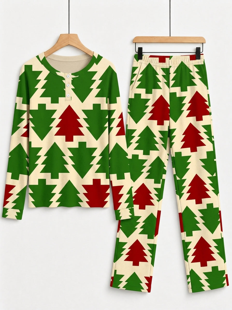 Red and Green Retro Geometric Christmas Tree Print 3-Button Henley Couple Sleepwear Set