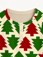 Red and Green Retro Geometric Christmas Tree Print 3-Button Henley Couple Sleepwear Set