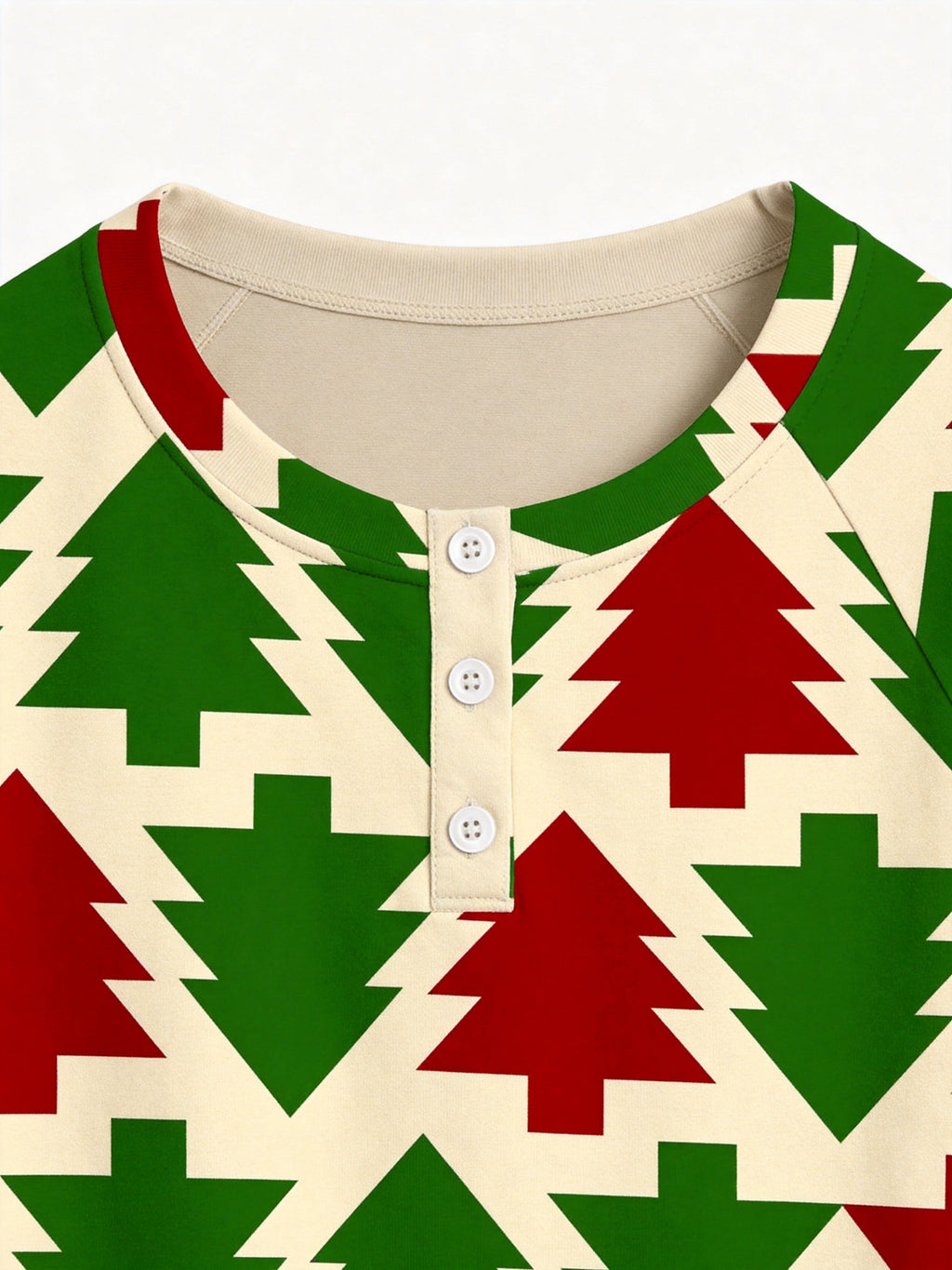 Red and Green Retro Geometric Christmas Tree Print 3-Button Henley Family Sleepwear Set