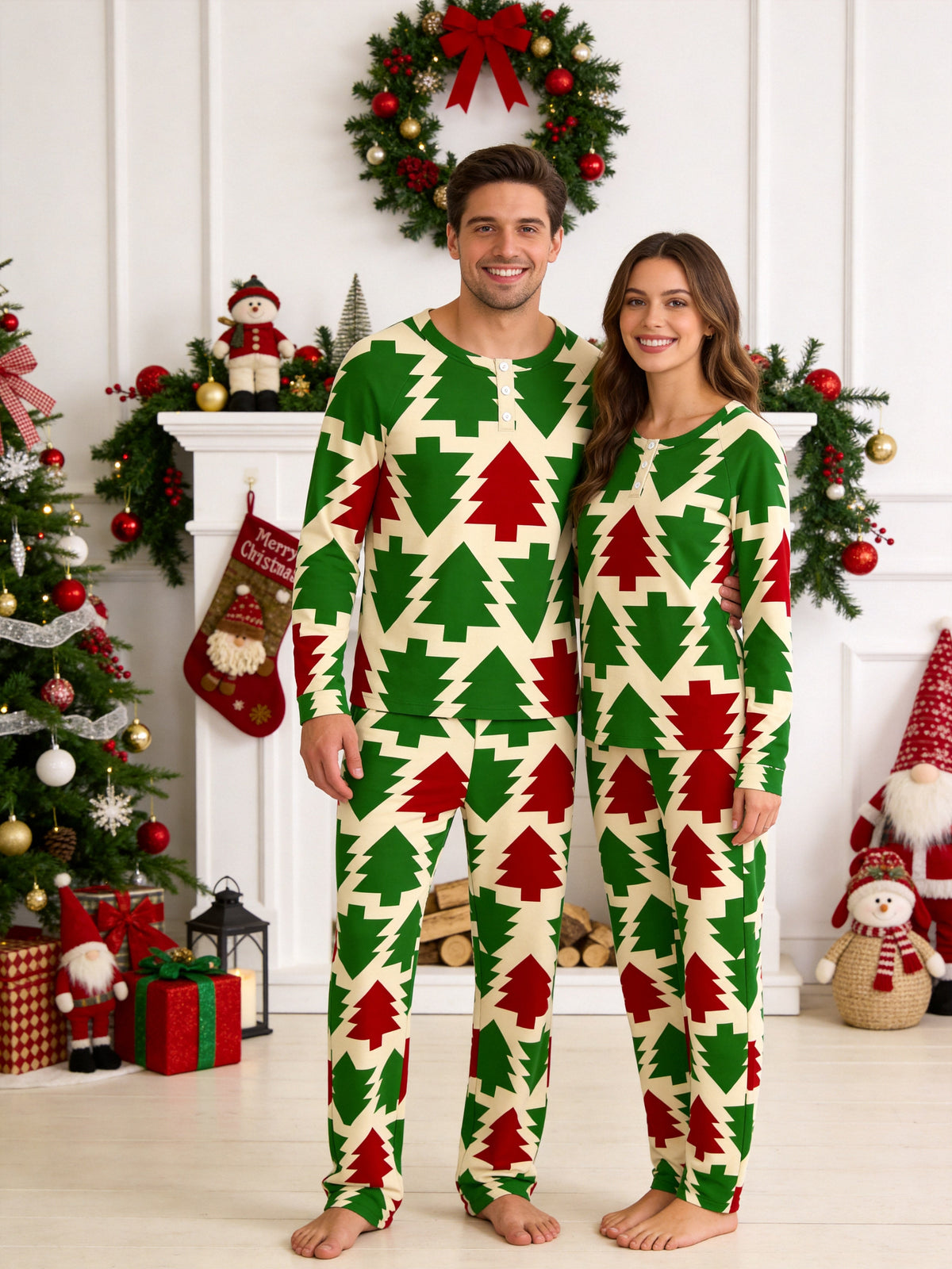Red and Green Retro Geometric Christmas Tree Print 3-Button Henley Couple Sleepwear Set