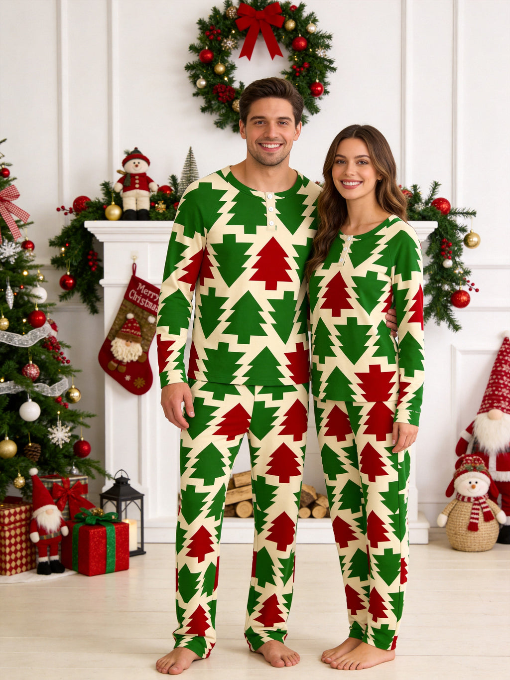 Red and Green Retro Geometric Christmas Tree Print 3-Button Henley Family Sleepwear Set