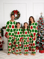 Red and Green Retro Geometric Christmas Tree Print 3-Button Henley Couple Sleepwear Set