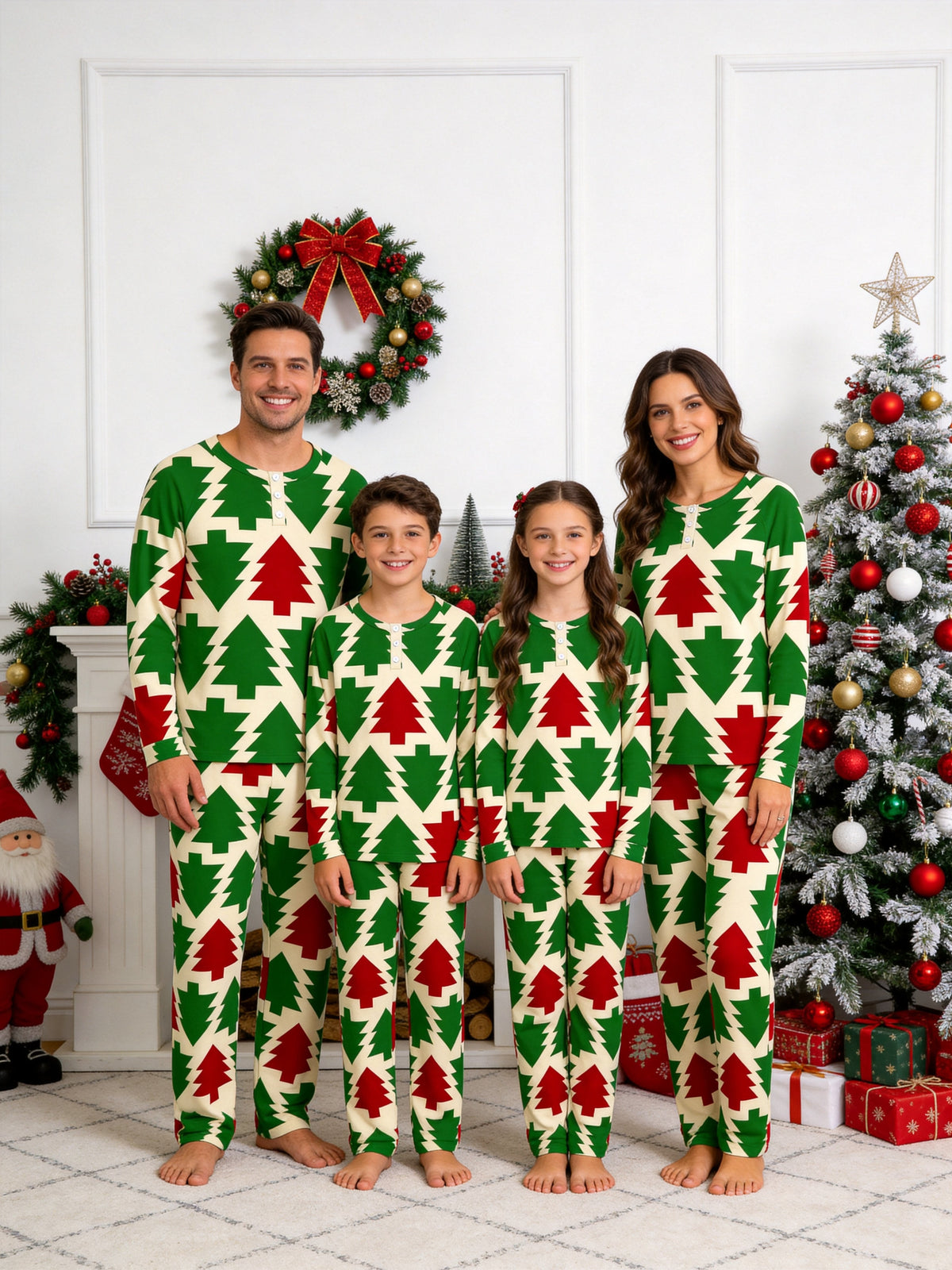 Red and Green Retro Geometric Christmas Tree Print 3-Button Henley Couple Sleepwear Set