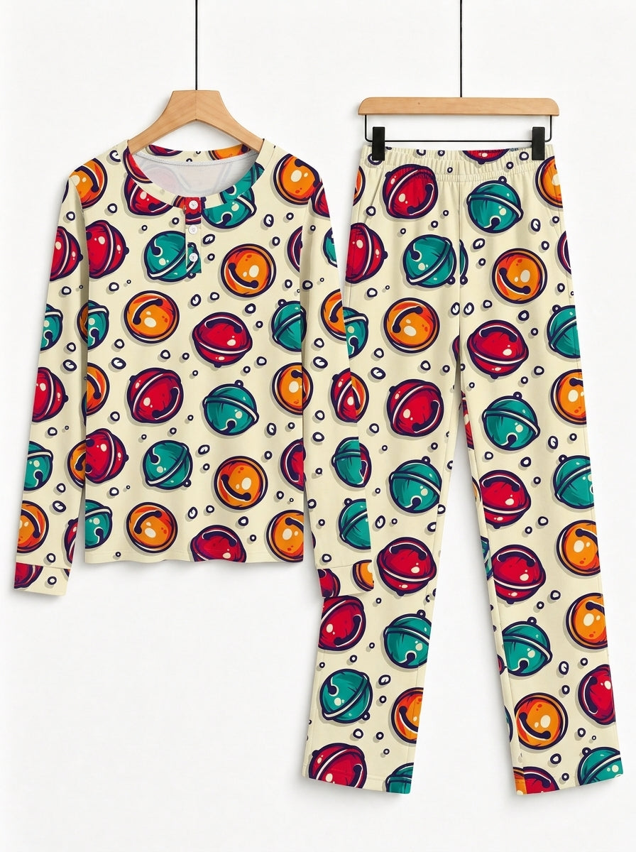 Colorful Jingle Bells Print Long Sleeve 3-Button Henley Couple Sleepwear