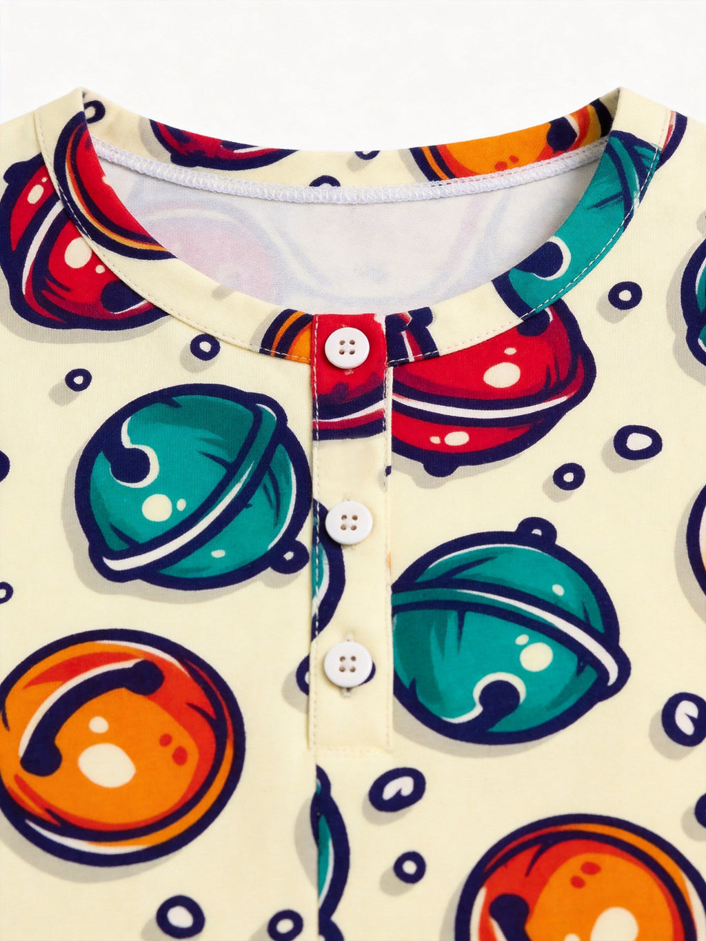 Colorful Jingle Bells Print Long Sleeve 3-Button Henley Couple Sleepwear
