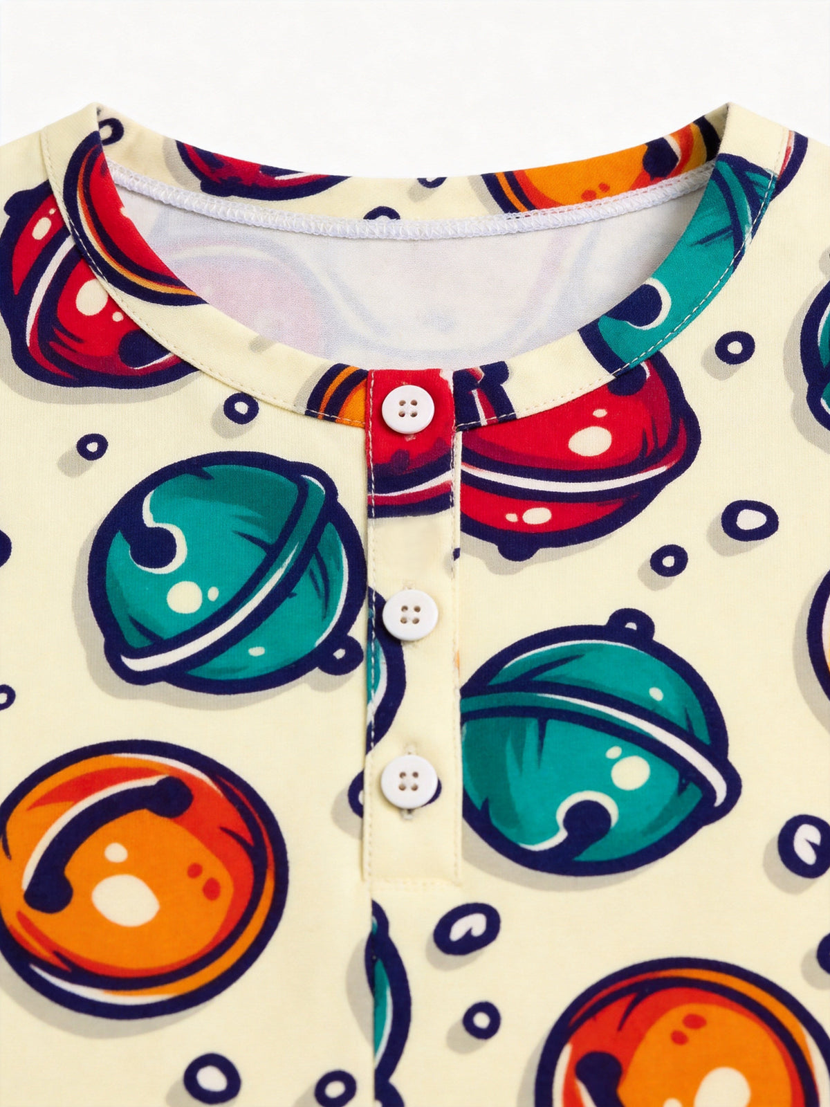 Colorful Jingle Bells Print Long Sleeve 3-Button Henley Couple Sleepwear