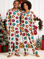 Colorful Jingle Bells Print Long Sleeve 3-Button Henley Couple Sleepwear