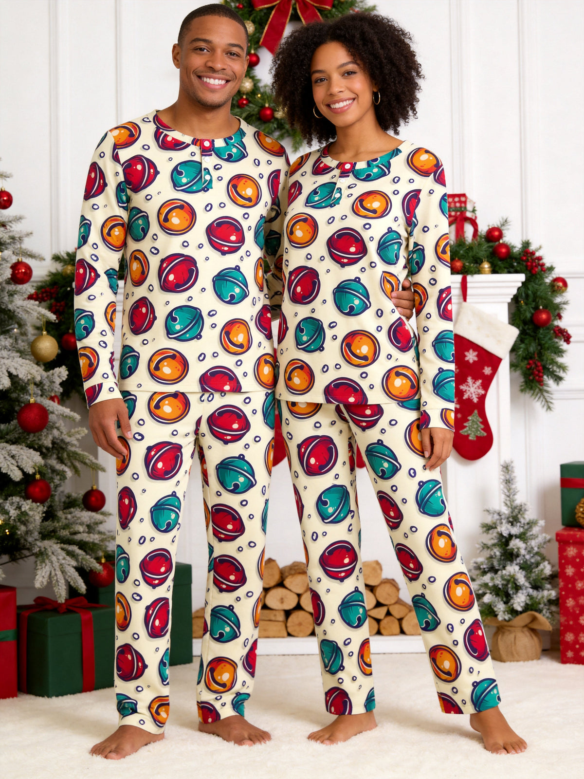 Colorful Jingle Bells Print Long Sleeve 3-Button Henley Couple Sleepwear