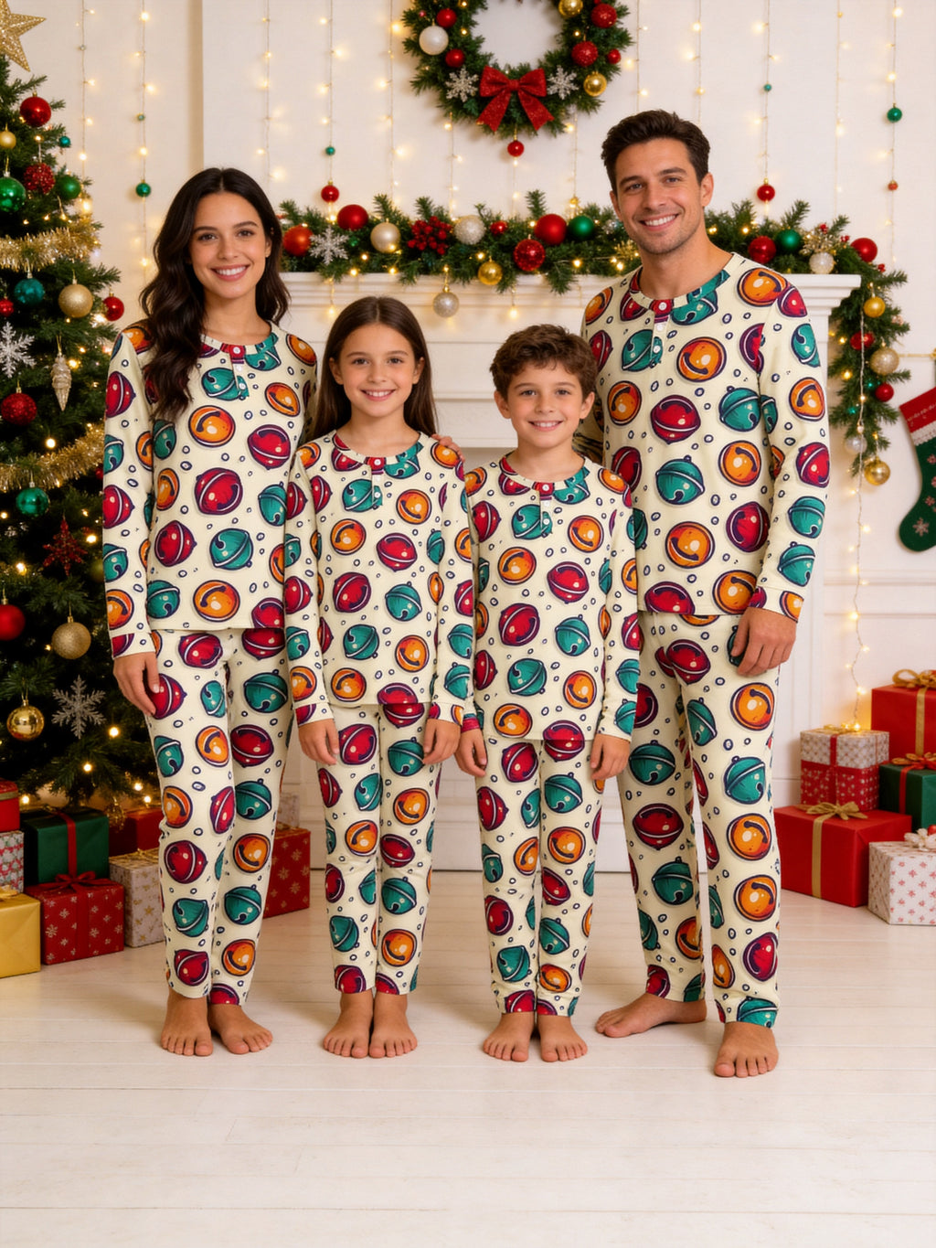 Colorful Jingle Bells Print Long Sleeve 3-Button Henley Couple Sleepwear