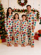 Colorful Jingle Bells Print Long Sleeve 3-Button Henley Couple Sleepwear
