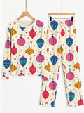 Christmas Baubles Ornaments Print 3-Button Henley Matching Couple Holiday Pajamas