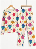 Christmas Baubles Ornaments Print 3-Button Henley Matching Couple Holiday Pajamas