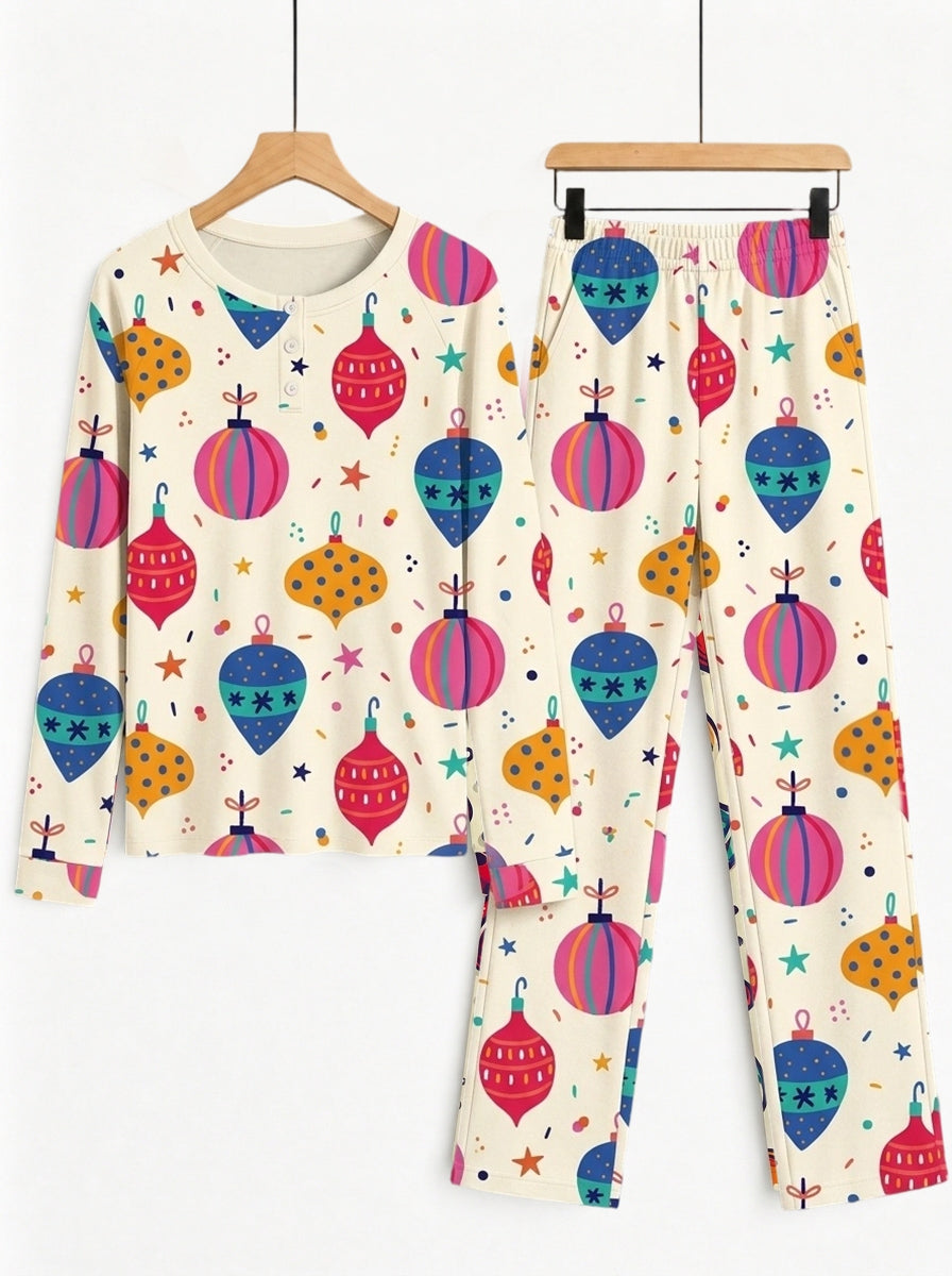 Christmas Baubles Ornaments Print 3-Button Henley Matching Couple Holiday Pajamas