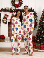 Christmas Baubles Ornaments Print 3-Button Henley Matching Couple Holiday Pajamas