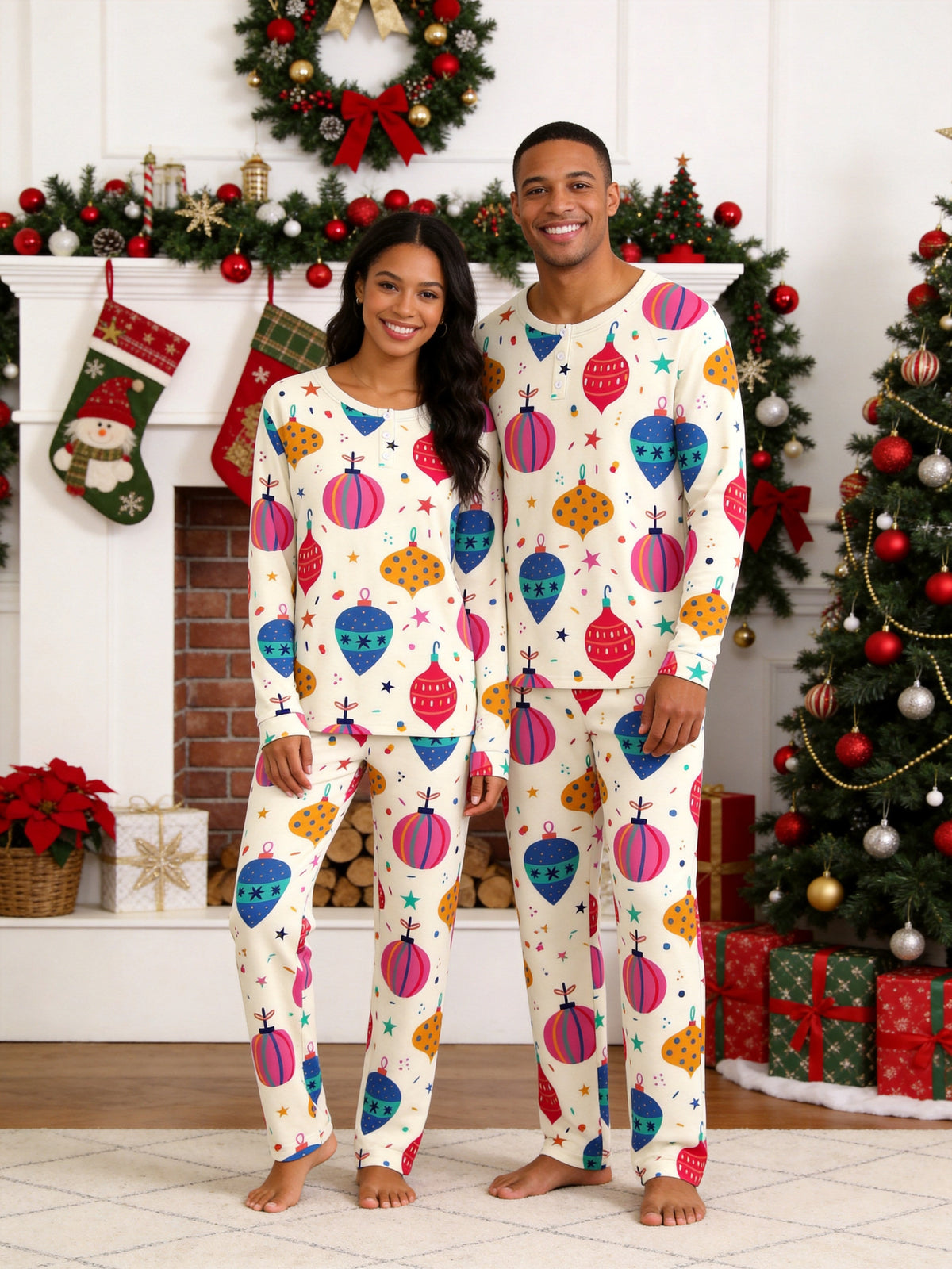 Christmas Baubles Ornaments Print 3-Button Henley Matching Family Holiday Pajamas