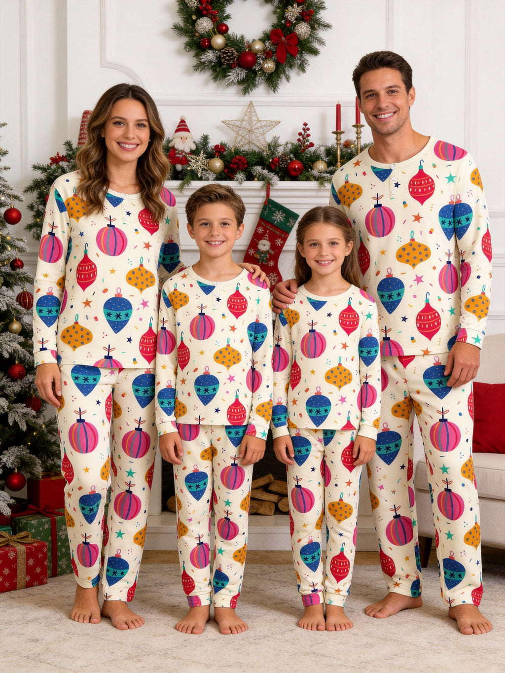 Christmas Baubles Ornaments Print 3-Button Henley Matching Couple Holiday Pajamas
