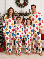 Christmas Baubles Ornaments Print 3-Button Henley Matching Couple Holiday Pajamas