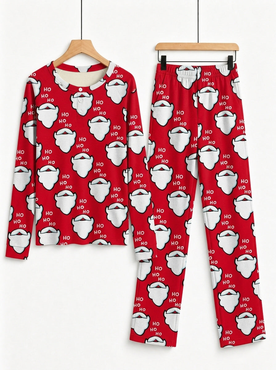 Red Santa Claus Beard and Letter HO Print 3-Button Henley Matching Couple Christmas PJs