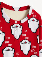 Red Santa Claus Beard and Letter HO Print 3-Button Henley Matching Couple Christmas PJs