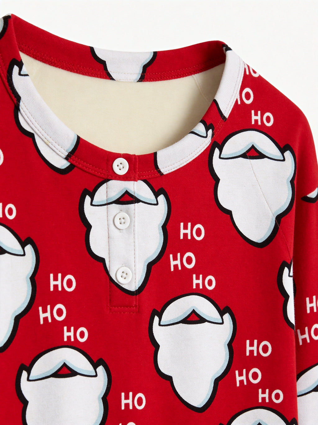Red Santa Claus Beard and Letter HO Print 3-Button Henley Matching Family Christmas PJs