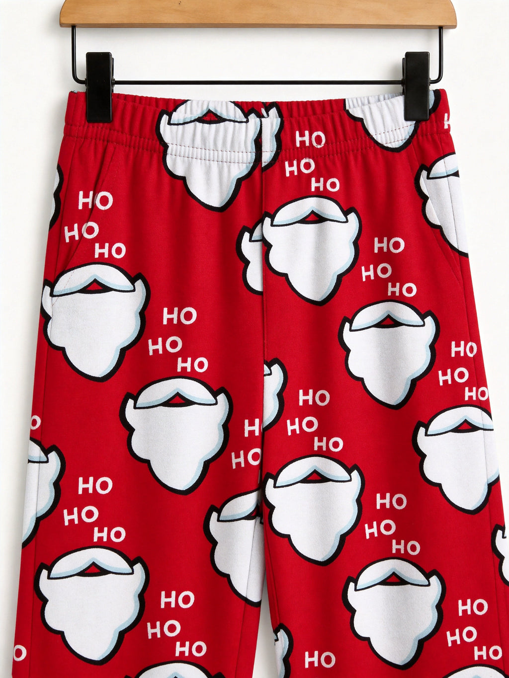 Red Santa Claus Beard and Letter HO Print 3-Button Henley Matching Couple Christmas PJs