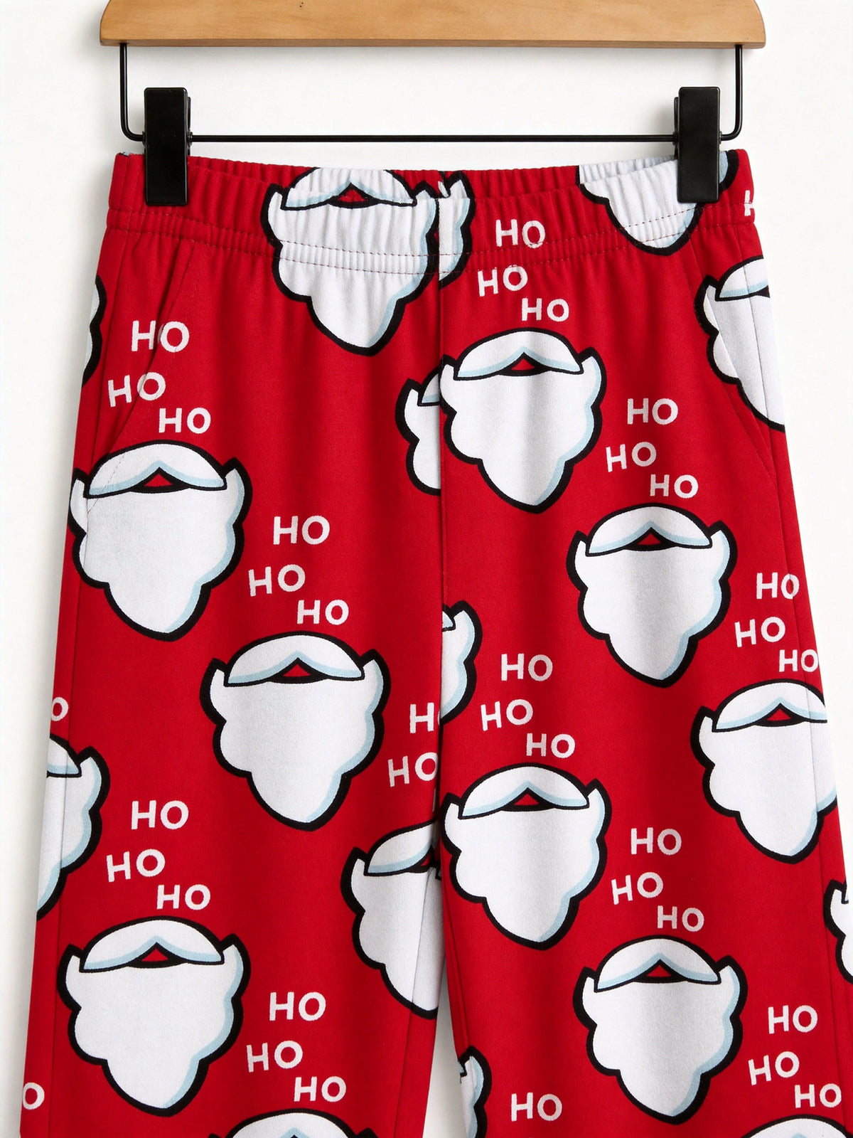 Red Santa Claus Beard and Letter HO Print 3-Button Henley Matching Couple Christmas PJs