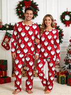 Red Santa Claus Beard and Letter HO Print 3-Button Henley Matching Couple Christmas PJs