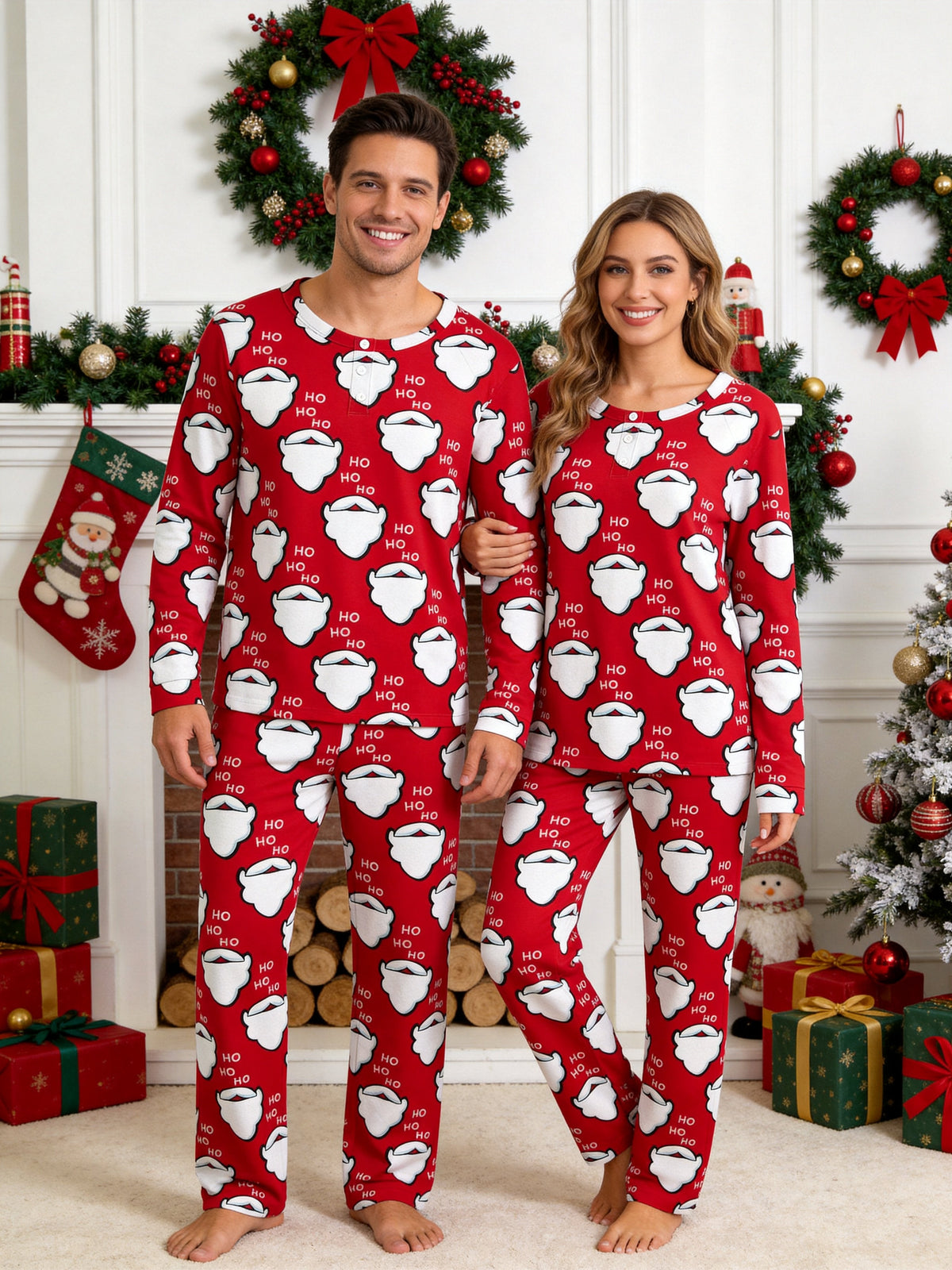 Red Santa Claus Beard and Letter HO Print 3-Button Henley Matching Couple Christmas PJs