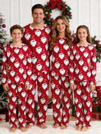 Red Santa Claus Beard and Letter HO Print 3-Button Henley Matching Couple Christmas PJs