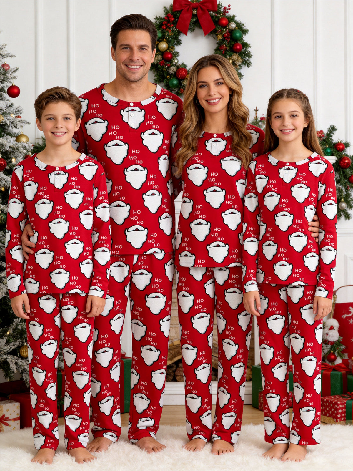 Red Santa Claus Beard and Letter HO Print 3-Button Henley Matching Couple Christmas PJs